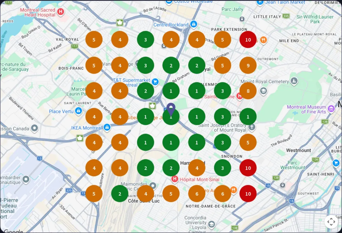 Rank grid for a Montreal business law firm after six months, with green top-three markers through the centre of the city.